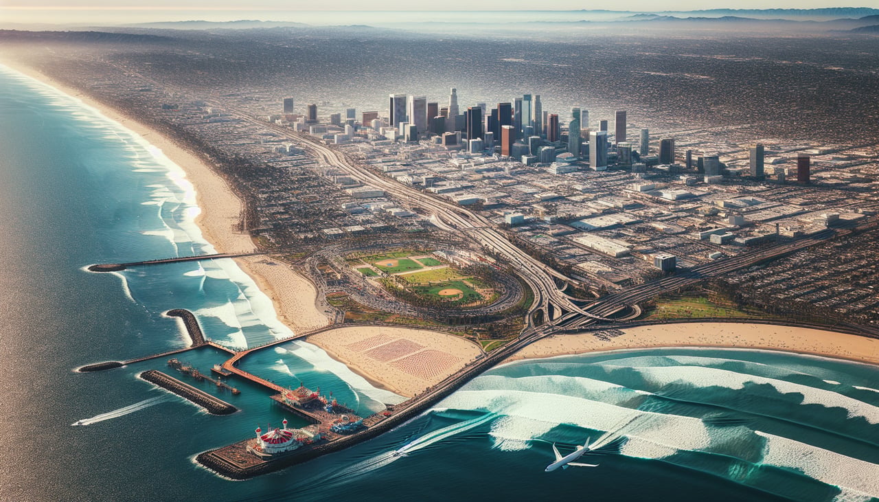 Aerial window seat view during landing at Los Angeles (left side) — San Gabriel Mountains, Downtown Los Angeles skyline, Santa Monica Bay, Pacific coastline near El Segundo