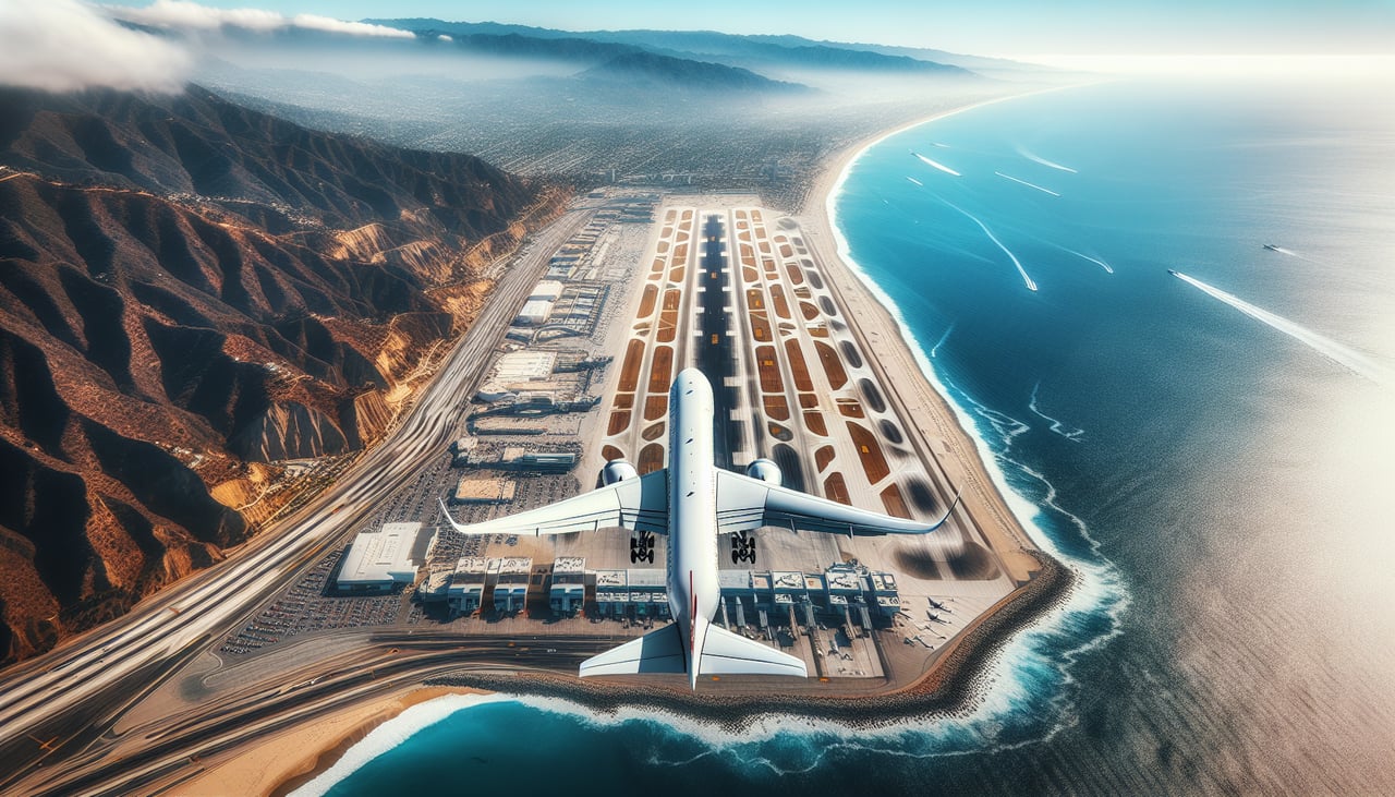 Aerial window seat view during takeoff from Los Angeles (left side) — Santa Monica Bay, Palos Verdes Peninsula, Catalina Island, Los Angeles coastline