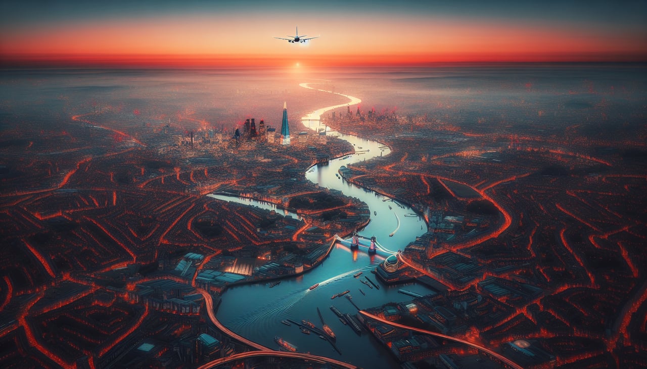 Aerial window seat view during takeoff from London (left side) — Thames estuary and docks, Greater London urban grid, Kent coastline and white cliffs (distant), North Sea horizon