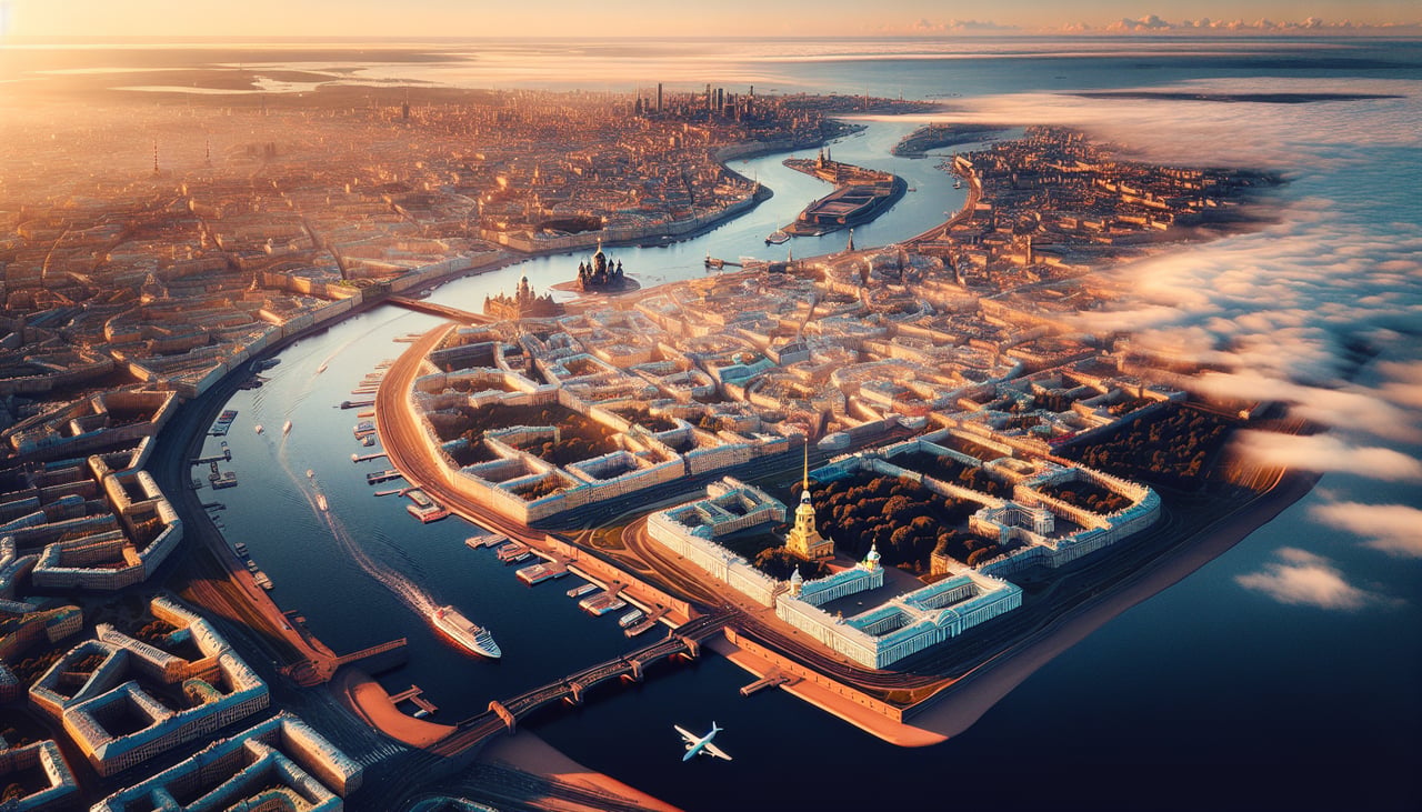 Left window seat view during takeoff from St. Petersburg (LED) — Gulf of Finland (north/left), Pulkovo Heights and city sprawl (right/south), Neva River delta region (distant left), forested plains extending eastward (right)