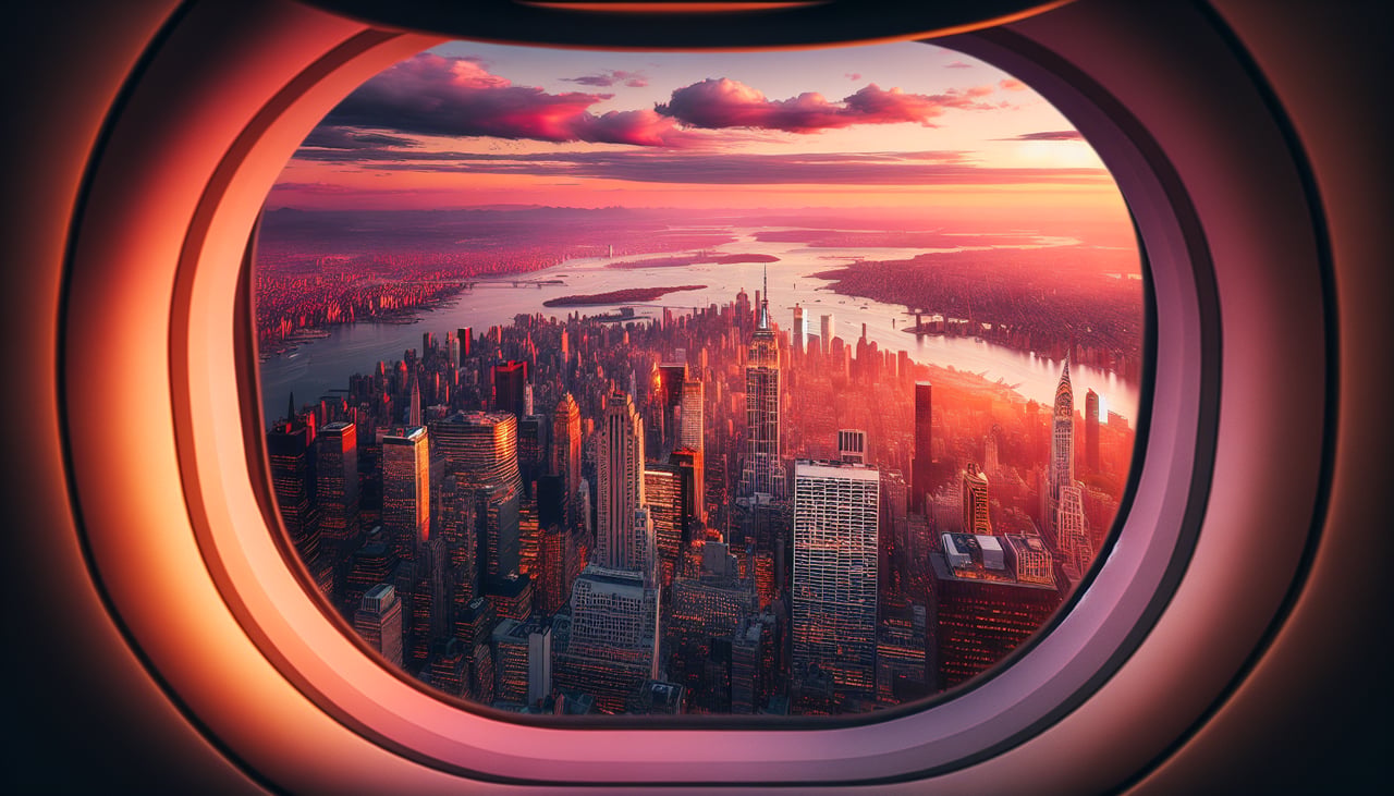 Aerial window seat view during landing at New York (right side) — Manhattan skyline, East River and Hell Gate Bridge, Long Island Sound, LaGuardia's Flushing Bay approach