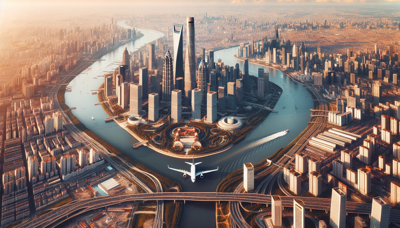 Aerial window seat view during takeoff from New York (right side) — Manhattan skyline (Empire State Building, Chrysler Building visible in cluster), East River, Flushing Bay, Queens residential grid