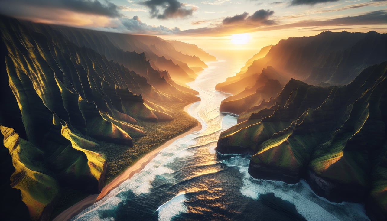 Aerial window seat view during takeoff from Lihue (right side) — Kauai's central ridge (Alakai Plateau region), Nawiliwili Harbor to the south, the windward cliffs of eastern Kauai, Pacific Ocean extending northeast