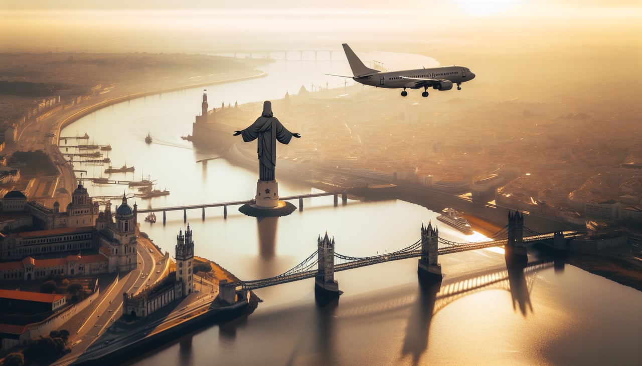 Aerial window seat view during landing at Lisbon (left side) — Tagus River estuary and its distinctive wide mouth, Lisbon city sprawl on both banks, Cristo Rei monument on the south bank, Sintra mountains visible inland to the northwest