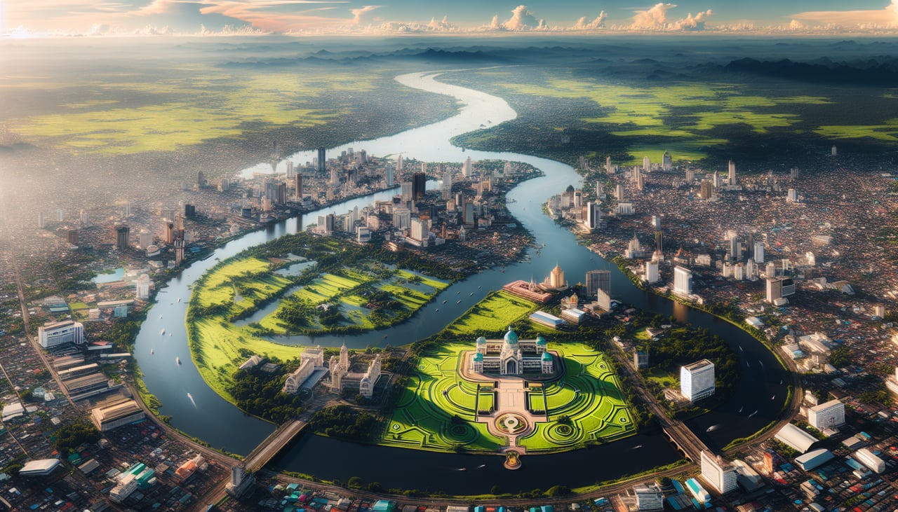 Right window seat view during landing at Lucknow (LKO) — Gomti River (winding through the city), Lucknow city grid and older neighborhoods, Charbagh area, flat Indo-Gangetic Plain extending to the horizon