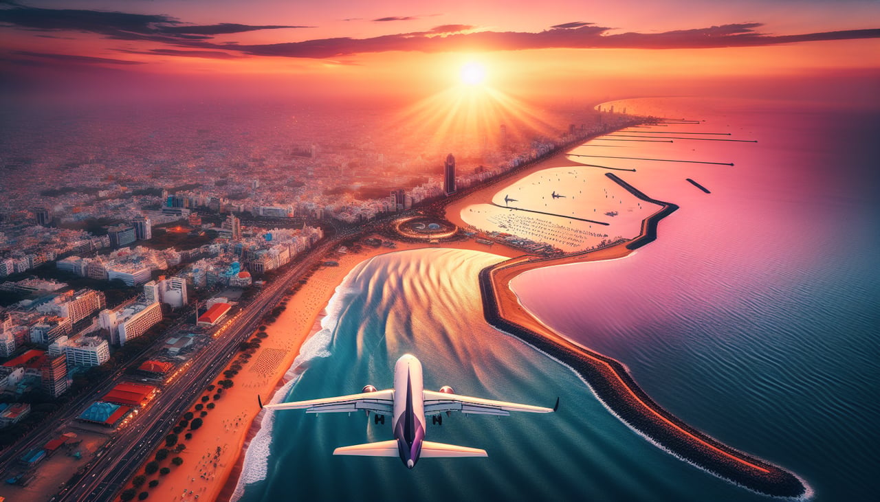 Aerial window seat view during landing at Madras (left side) — Cooum River (flowing through central Chennai), Bay of Bengal coastline, Chennai urban grid and harbor, Pulicat Lake to the north