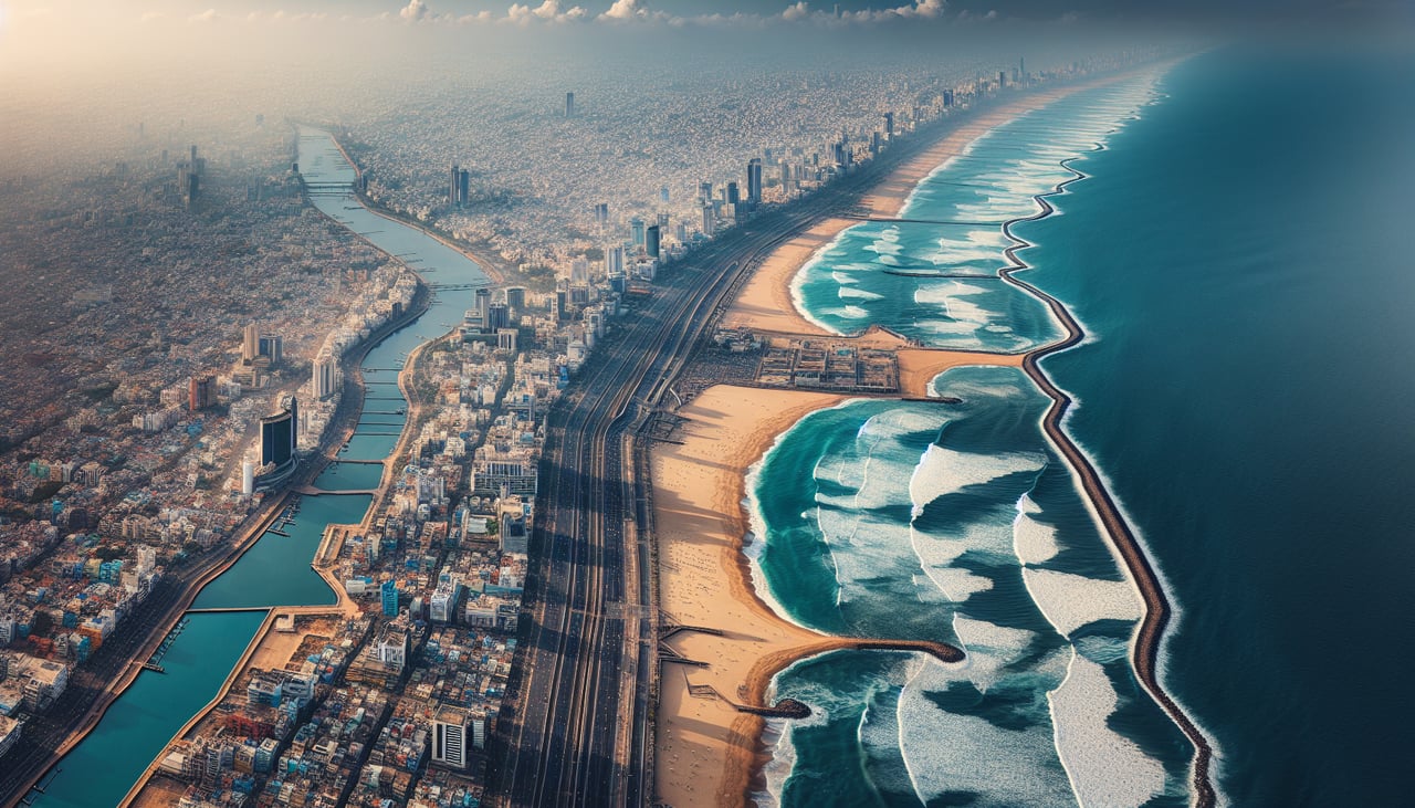 Left window seat view during takeoff from Madras (MAA) — Chennai city skyline and Marina Beach coastline, Adyar River mouth, Bay of Bengal shoreline, IT corridor along OMR in the distance