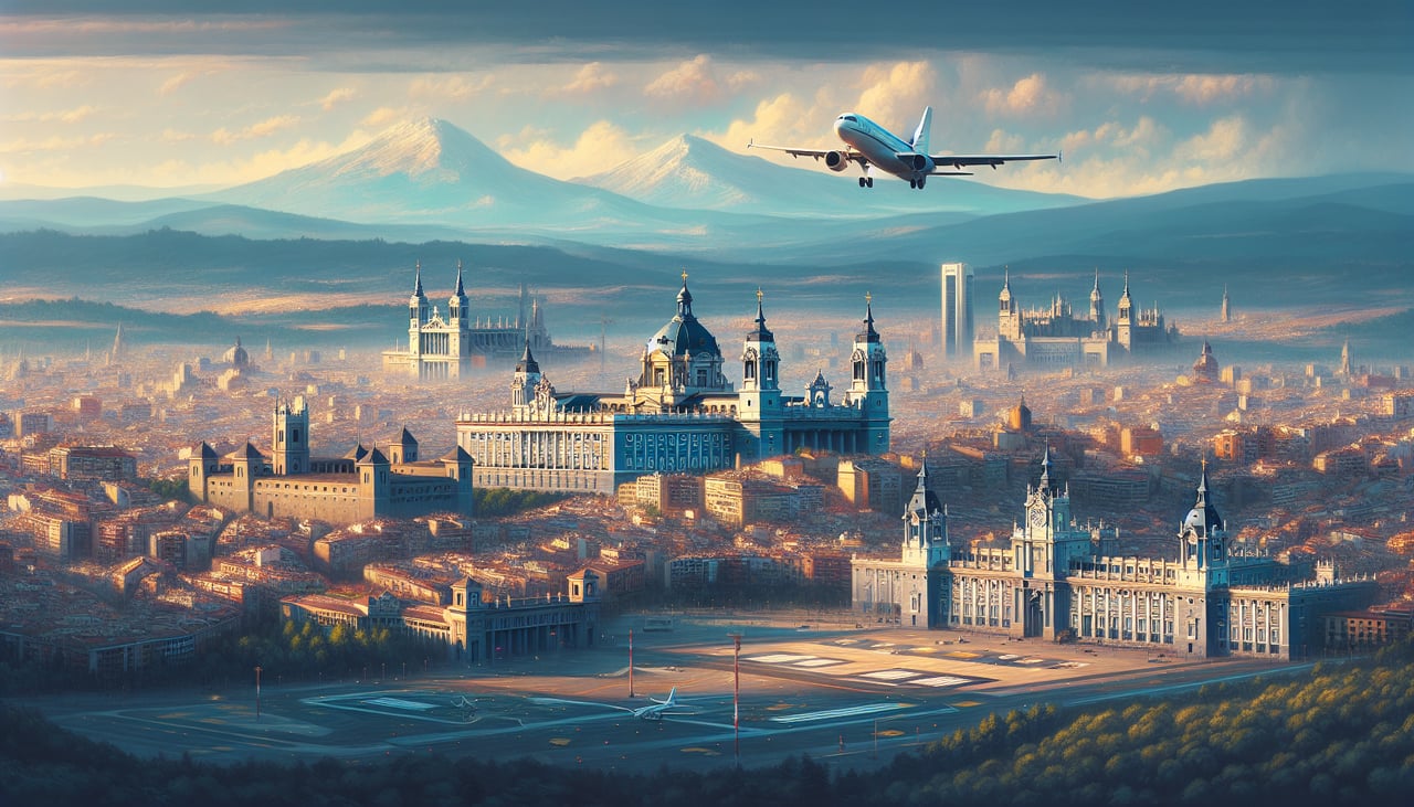 Aerial window seat view during takeoff from Madrid (right side) — Sierra de Guadarrama (north), Madrid city sprawl (directly below during climb), Tagus River valley (west), Alcalá de Henares urban area (east)