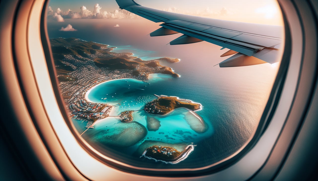 Right window seat view during takeoff from Montego Bay (MBJ) — Montego Bay coastline, Caribbean Sea, northern Jamaica shoreline, Doctor's Cave Beach area