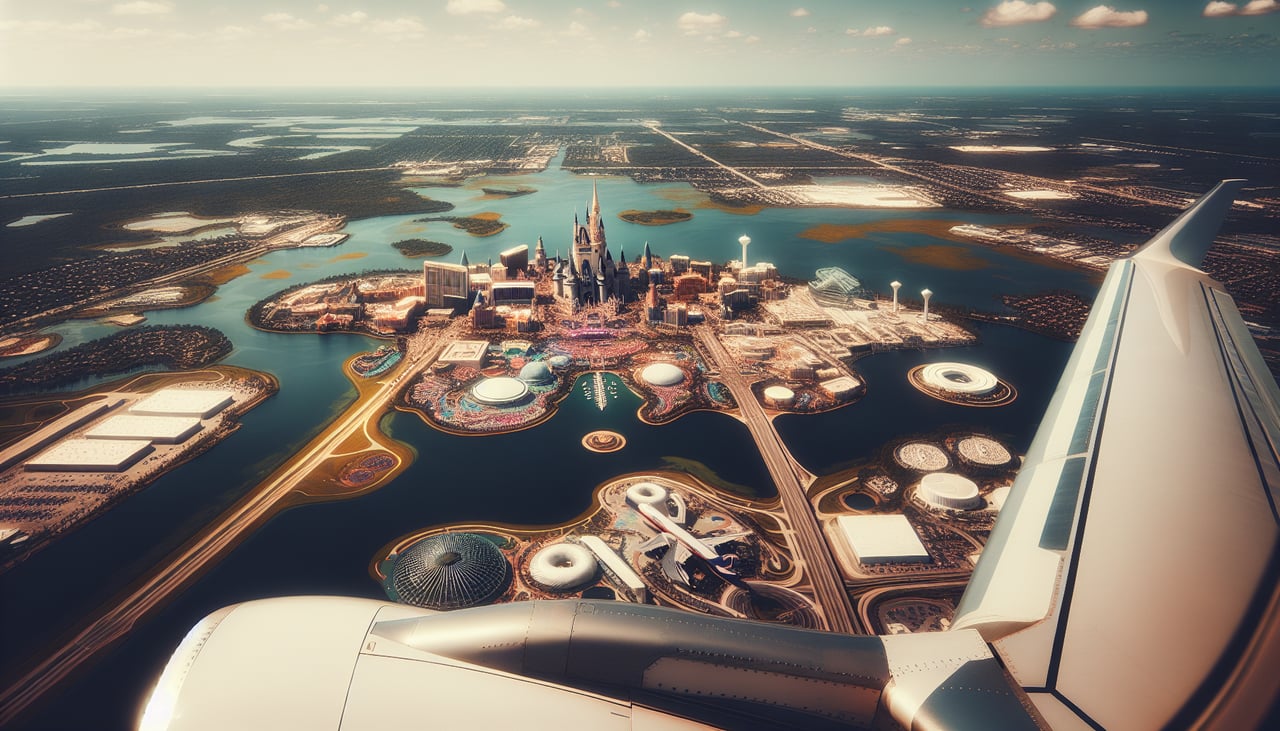 Right window seat view during takeoff from Orlando (MCO) — Downtown Orlando skyline, Walt Disney World area lakes, Lake Buena Vista, numerous central Florida lakes near International Drive