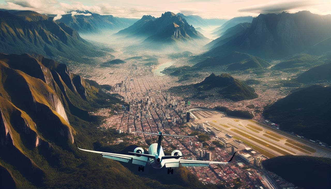 Right window seat view during landing at Rio Negro (MDE) — Aburrá Valley floor, surrounding Andean ridgelines, Medellín urban grid, Rio Negro valley