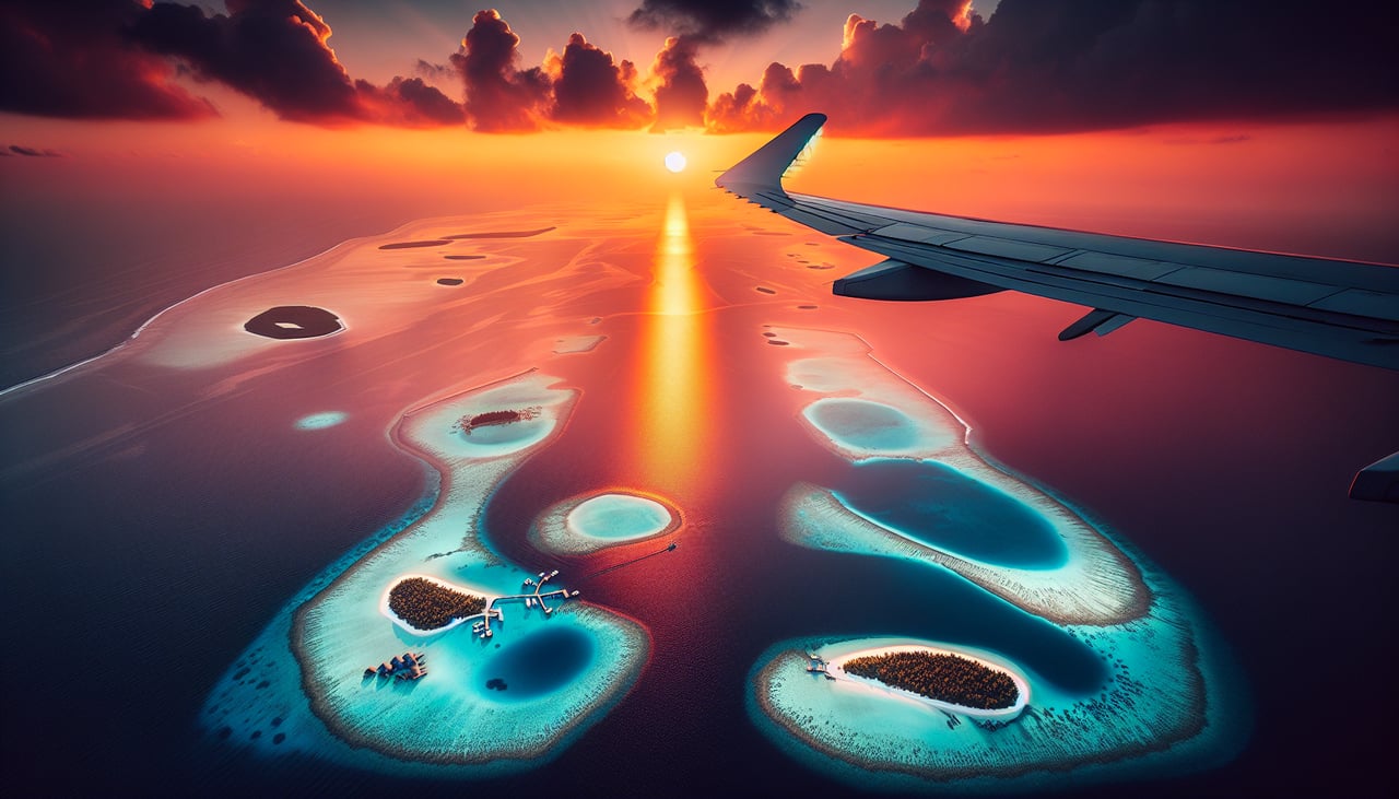 Left window seat view during landing at Male (MLE) — Malé city island, North Malé Atoll reef formations, turquoise lagoon surrounding Hulhulé Island, scattered resort islands to the northwest