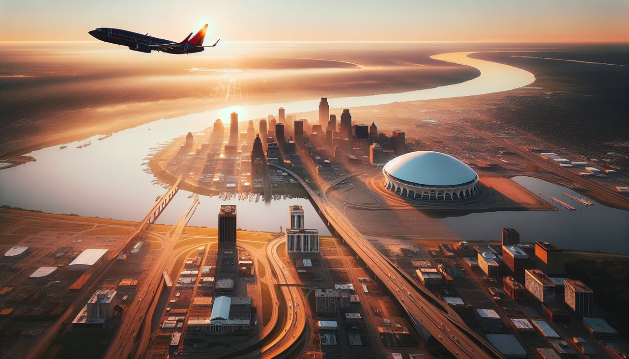 Aerial window seat view during takeoff from New Orleans (right side) — Lake Pontchartrain, Mississippi River delta, New Orleans urban area, Gulf of Mexico coastline