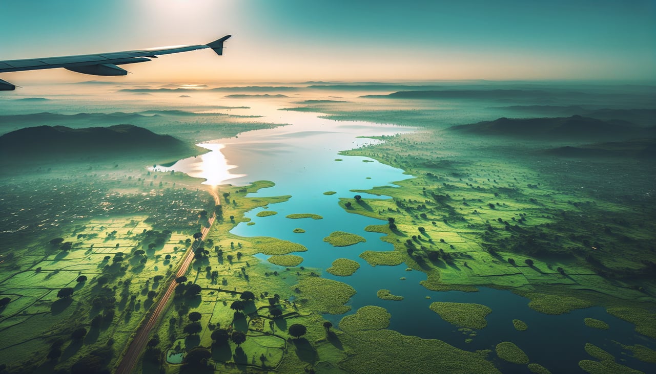 Left window seat view during takeoff from Nagpur (NAG) — Nagpur city sprawl (urban grid visible below 5,000 ft), Futala Lake (small reservoir south of city center), agricultural fields in geometric patterns across the Deccan Plateau, distant Satpura Range foothills on the horizon to the southwest