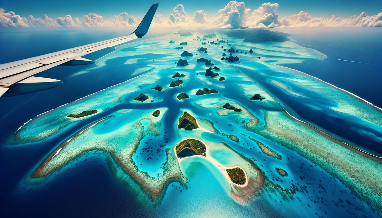 Aerial window seat view during takeoff from Nassau (right side) — Nassau Harbor, Paradise Island, Bahamas Banks (shallow turquoise waters), New Providence Island coastline