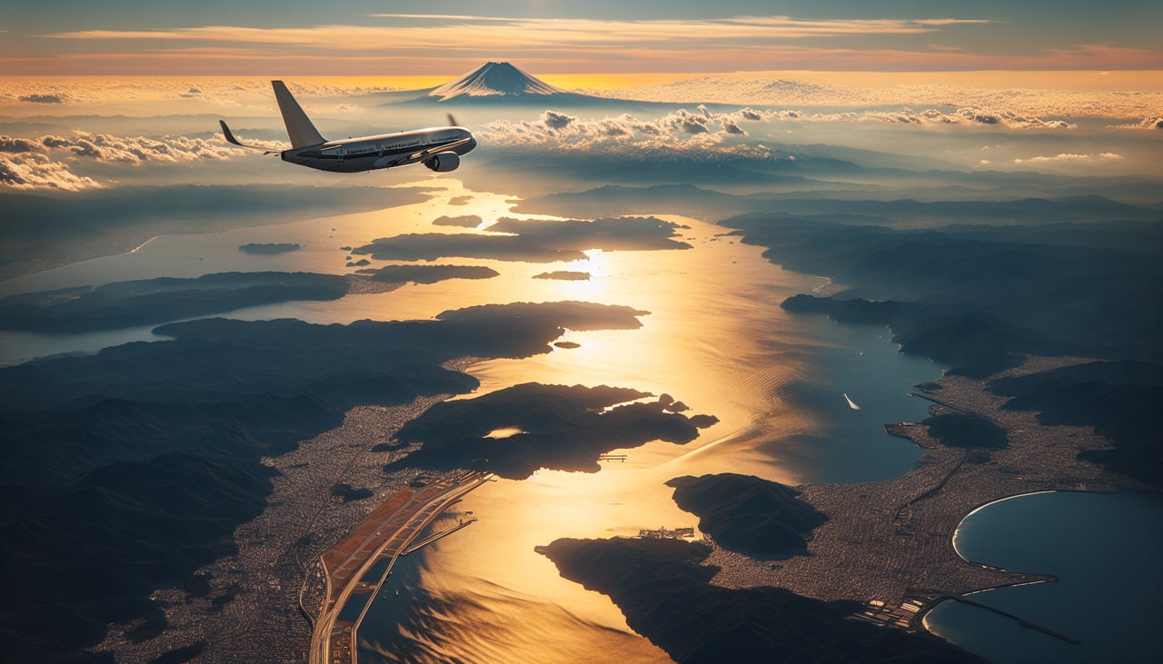 Right window seat view during takeoff from Tokyo (NRT) — Tokyo Bay, Greater Tokyo urban sprawl, Mount Fuji (distant, weather permitting), Chiba coastline