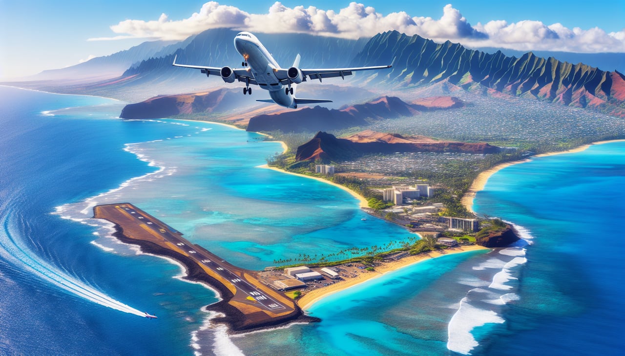 Right window seat view during takeoff from Kahului (OGG) — Haleakala volcano summit, Central Maui isthmus and sugarcane fields, Kahului Harbor, East Maui coastline
