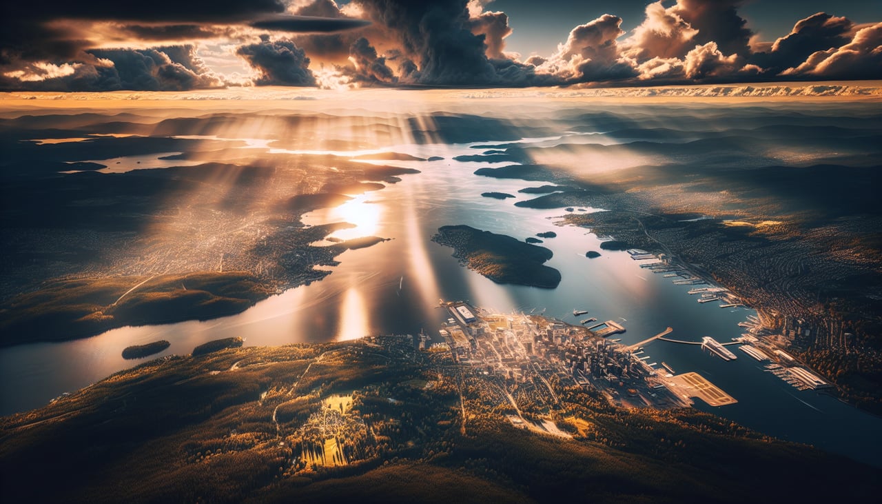 Right window seat view during takeoff from Oslo (OSL) — Lake Hurdalssjøen, Gardermoen's surrounding farmland patchwork, forested ridges of eastern Akershus, distant hills toward the Swedish border