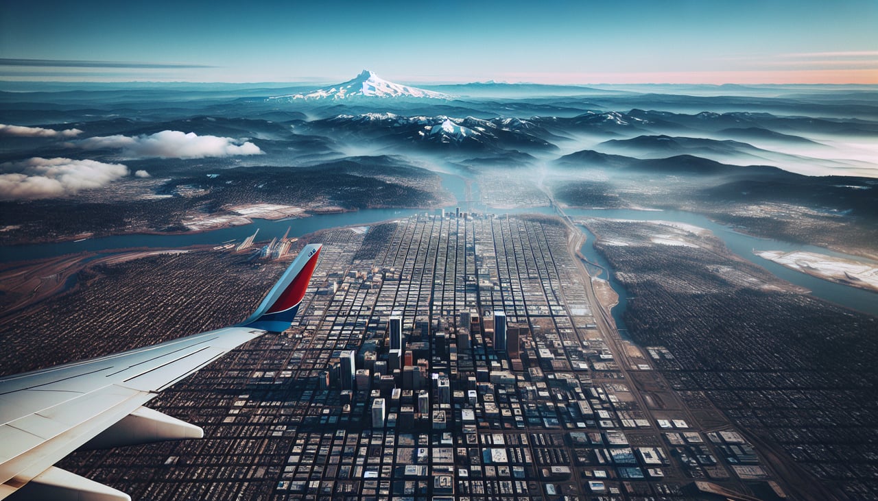Aerial window seat view during takeoff from Portland (right side) — Mount Hood, Willamette River, downtown Portland, Cascade foothills