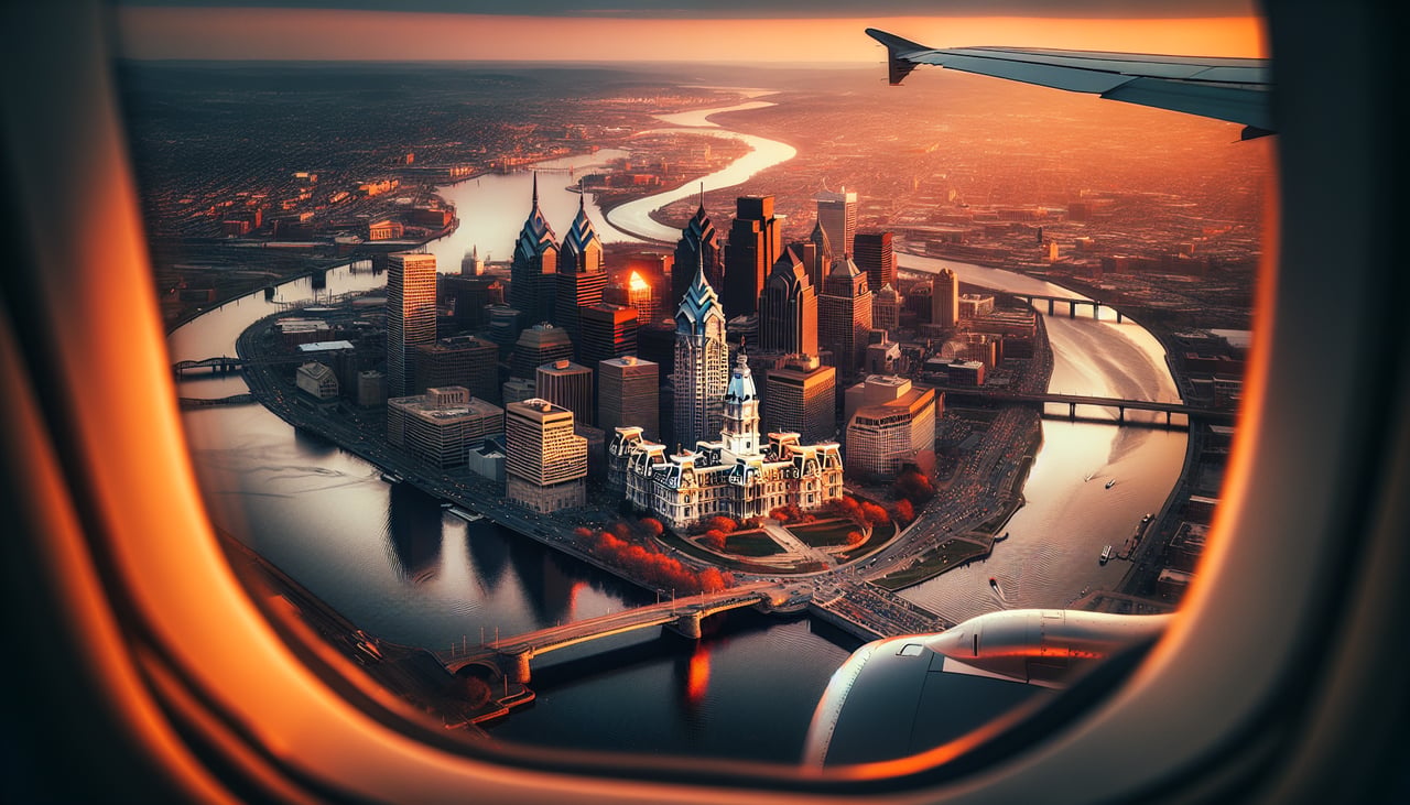 Aerial window seat view during landing at Philadelphia (right side) — Delaware River, Philadelphia Center City skyline, Benjamin Franklin Bridge, Camden waterfront