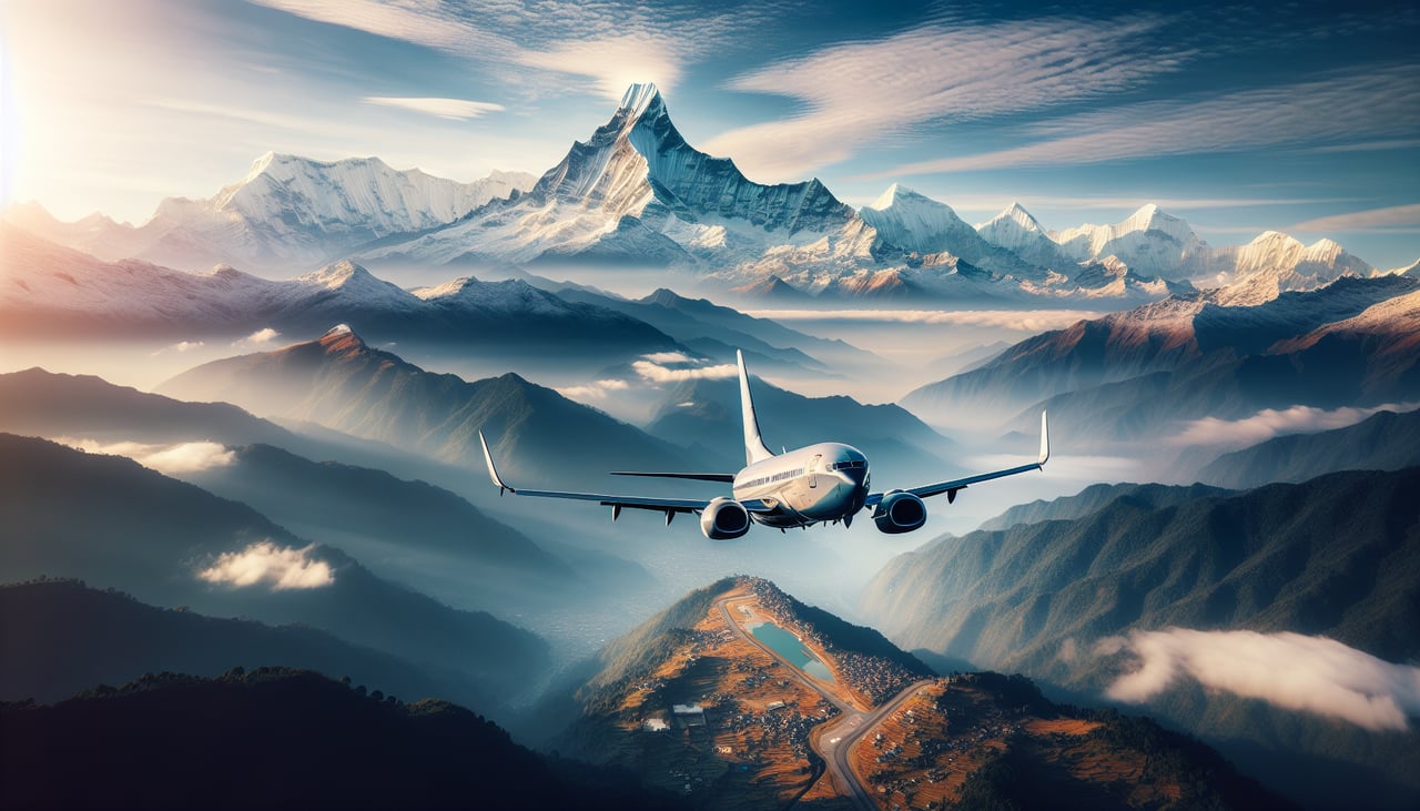 Left window seat view during takeoff from Pokhara (PKR) — Annapurna range (northwest horizon), Dhaulagiri peaks (far northwest), Pokhara Valley floor (below and behind), Fewa Lake (visible briefly during initial climb)