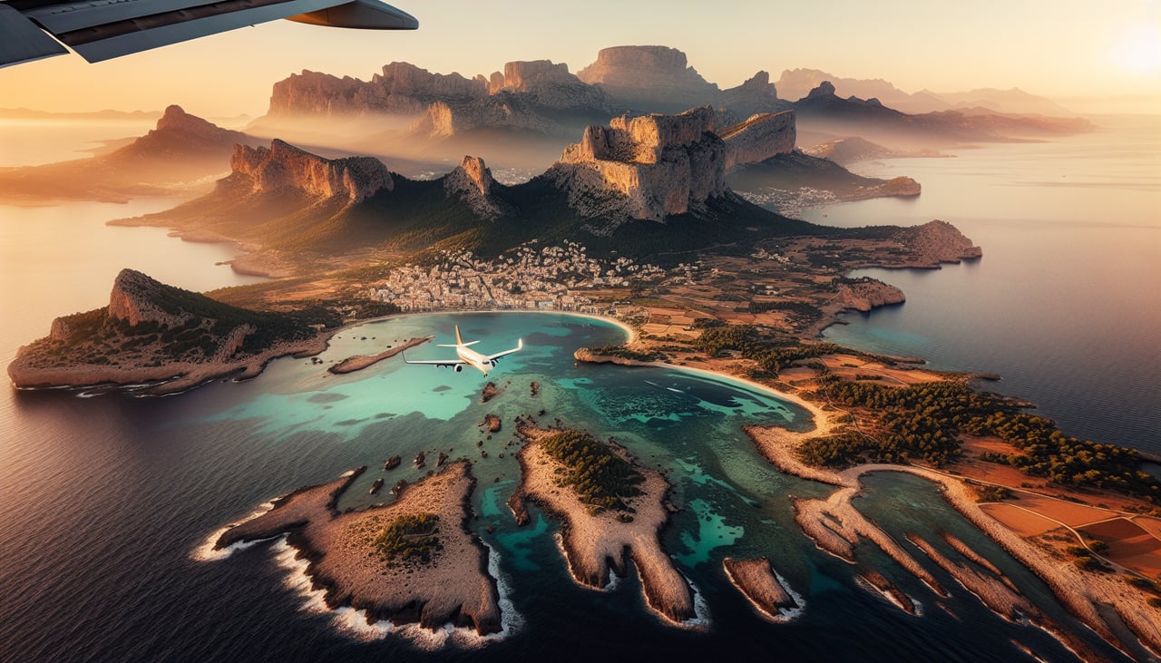 Right window seat view during landing at Palma De Mallorca (PMI) — Bay of Palma, Palma city skyline and cathedral (La Seu), Mediterranean coastline, distant Serra de Tramuntana foothills