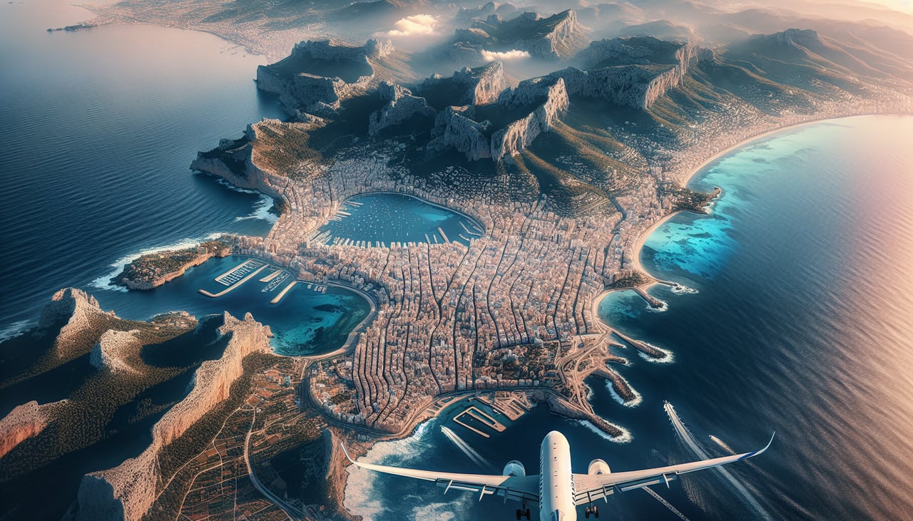 Right window seat view during takeoff from Palma De Mallorca (PMI) — Bay of Palma, Palma city skyline and Cathedral (La Seu), Bellver Castle, Serra de Tramuntana mountain range
