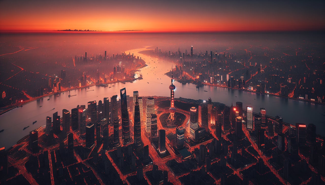 Right window seat view during landing at Shanghai (PVG) — Pudong skyline (Lujiazui towers, visible in distance), Huangpu River, Yangtze River estuary/Chongming Island area (visible earlier in descent), coastal wetlands and fish farms near the airport