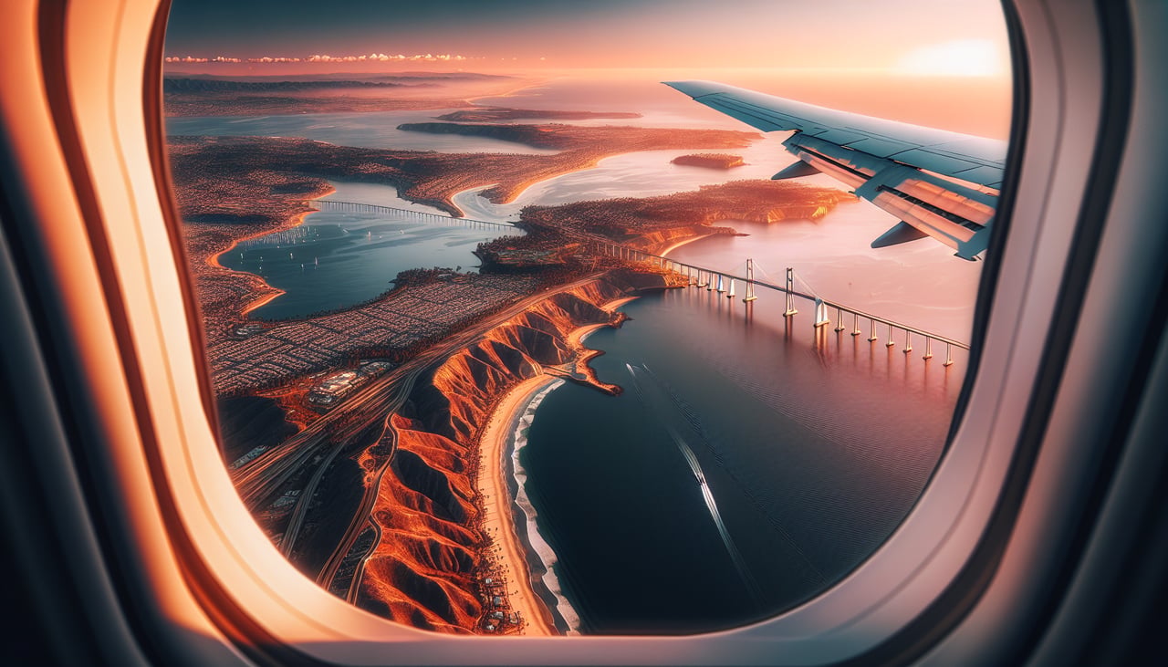 Left window seat view during landing at San Diego (SAN) — Downtown San Diego skyline, San Diego Bay, Coronado Bridge, Point Loma peninsula