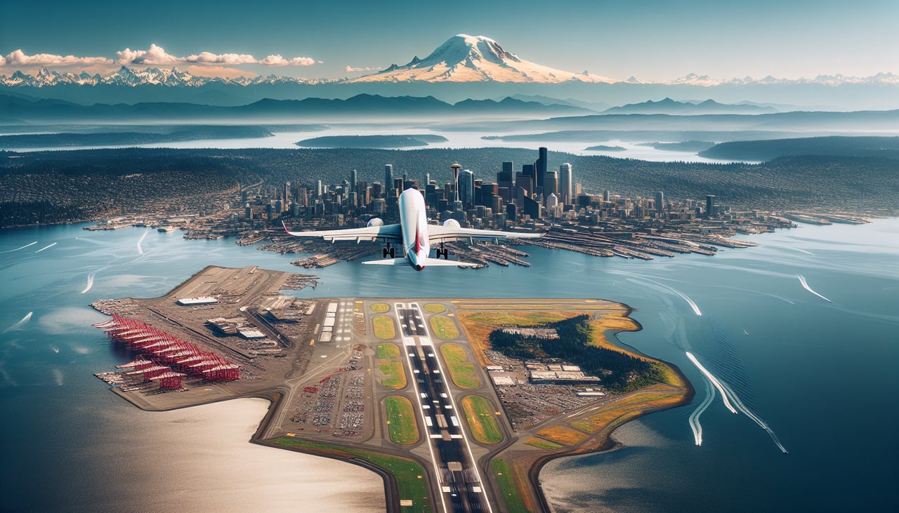 Right window seat view during takeoff from Seattle (SEA) — Mount Rainier, Lake Washington, Cascade foothills, Renton/South Seattle urban area