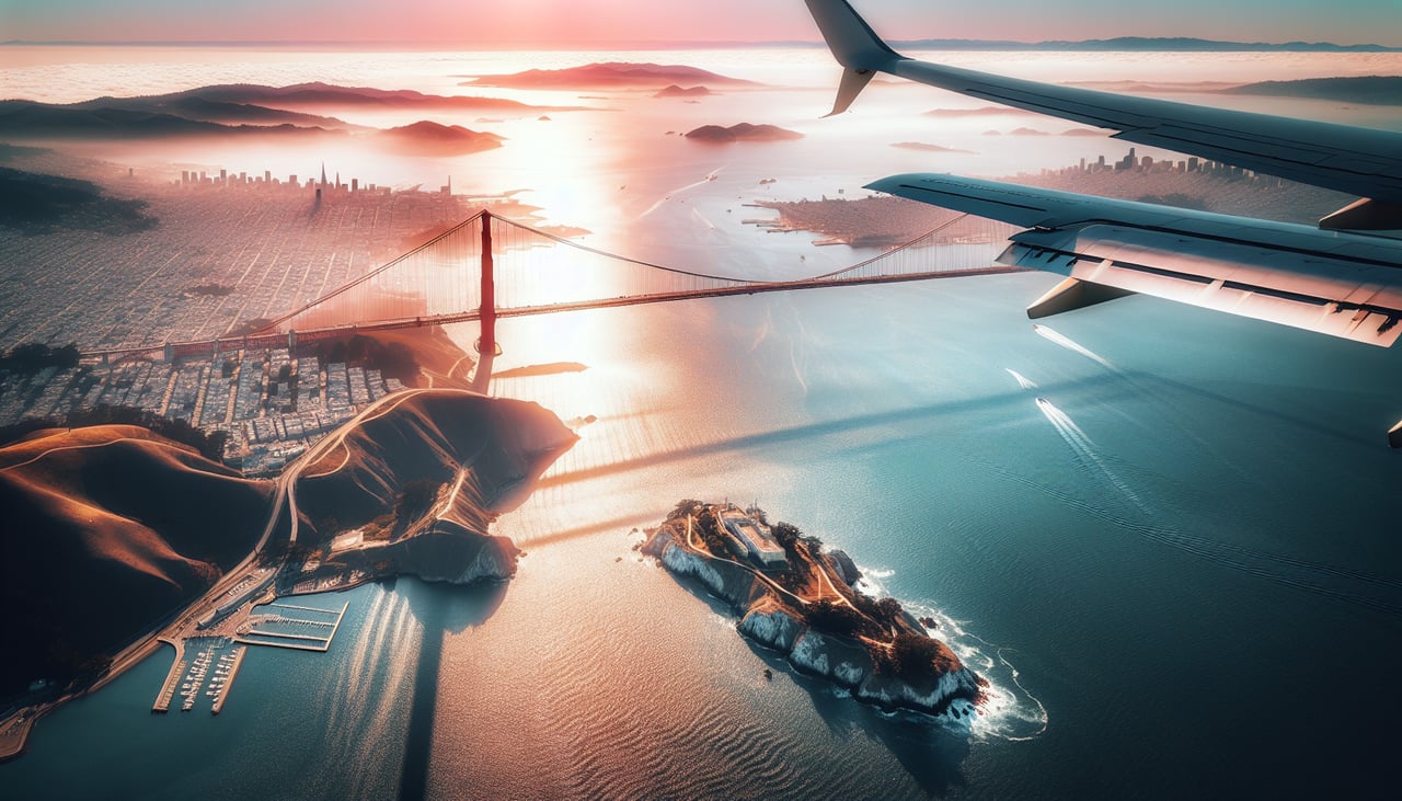 Right window seat view during landing at San Francisco (SFO) — San Francisco Bay, San Francisco skyline, Bay Bridge, Alcatraz Island (distant)