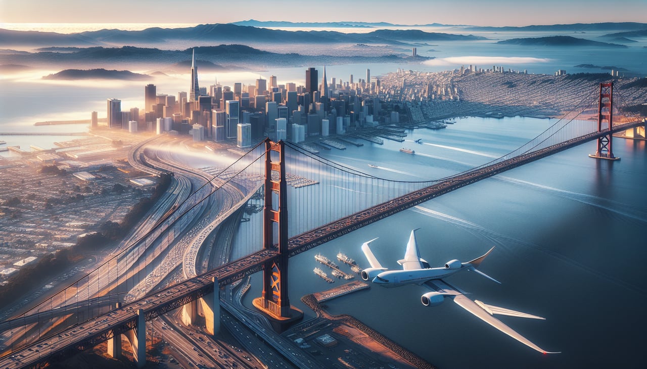 Right window seat view during takeoff from San Francisco (SFO) — San Francisco skyline, Bay Bridge, Alcatraz Island, Golden Gate Bridge (distant)