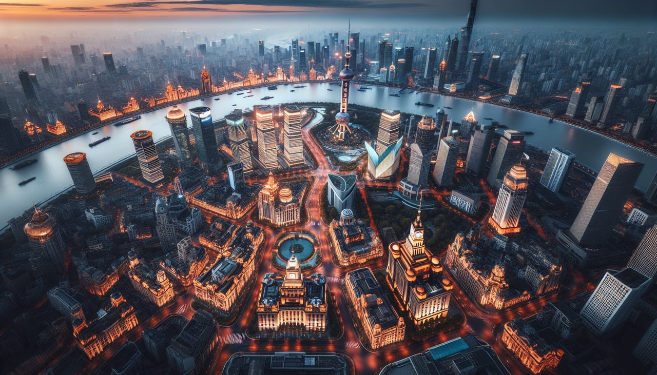 Left window seat view during landing at Shanghai (SHA) — Huangpu River, Pudong skyline (Oriental Pearl Tower, Shanghai Tower, Jin Mao Tower), northern Shanghai suburbs, Hongqiao's dense urban approach corridor