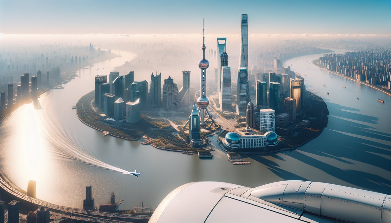 Left window seat view during takeoff from Shanghai (SHA) — Pudong skyline (Shanghai Tower, Jin Mao, SWFC), Huangpu River, dense urban Shanghai grid, Hongqiao business district falling behind