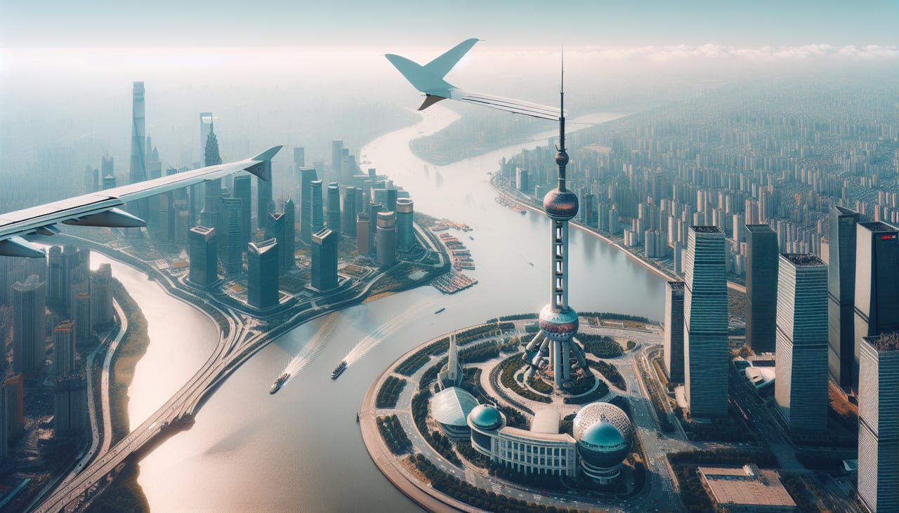 Right window seat view during takeoff from Shanghai (SHA) — Pudong skyline (Shanghai Tower, Jin Mao, SWFC), Huangpu River, dense urban Shanghai grid, Hongqiao business district falling behind