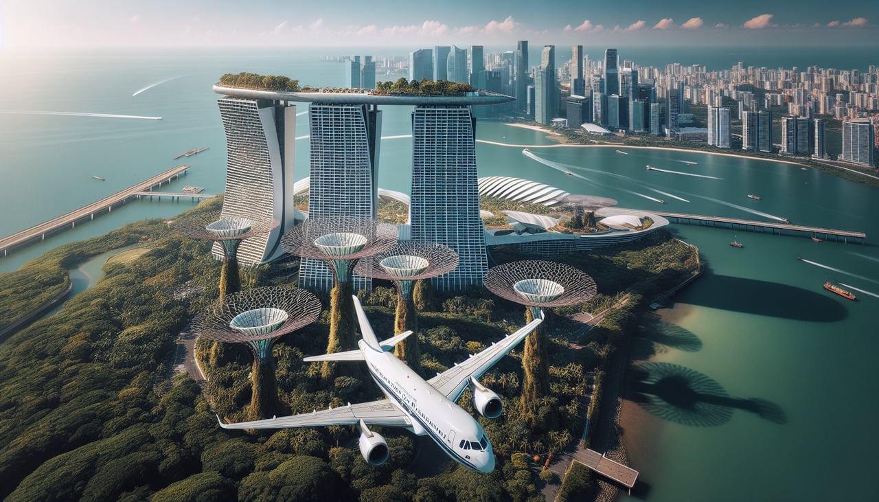 Aerial window seat view during takeoff from Singapore (left side) — Marina Bay Sands and downtown Singapore skyline, Sentosa Island, Strait of Singapore, Pulau Ubin/Johor Strait