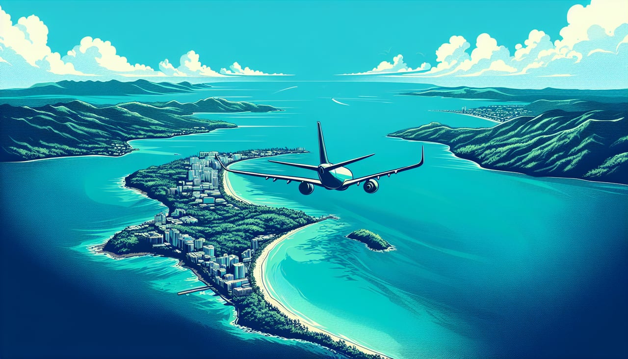 Aerial window seat view during takeoff from San Juan (right side) — Atlantic Ocean, northern Puerto Rico coastline, El Yunque National Forest (visible as forested ridgeline), San Juan metropolitan area receding westward