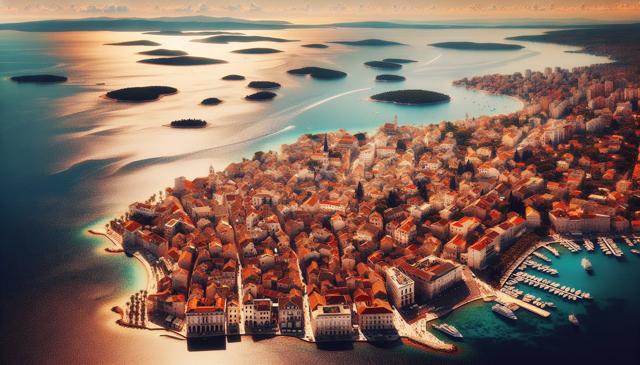 Right window seat view during landing at Split (SPU) — Adriatic Sea, Dalmatian Islands (Brač and Hvar visible to the south), Marjan Peninsula (forested hill on Split's western edge), coastal town of Split sprawling along the shore