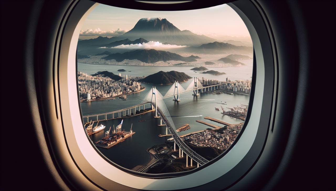 Right window seat view during landing at Surabaya (SUB), Surabaya city skyline and port, Madura Strait, Madura Island coastline, Suramadu Bridge connecting Java to Madura