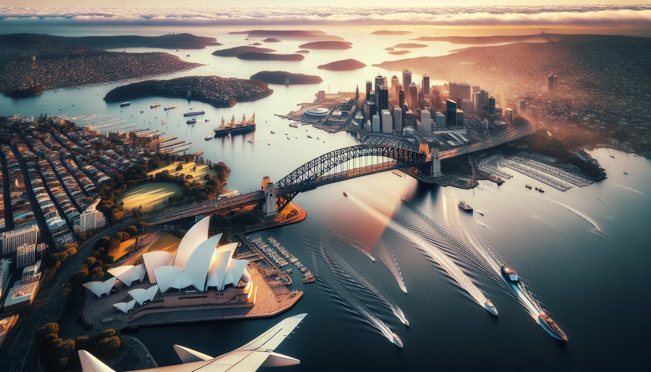 Aerial window seat view during takeoff from Sydney (left side) — Botany Bay, Cronulla beaches, Royal National Park coastline, Port Hacking estuary