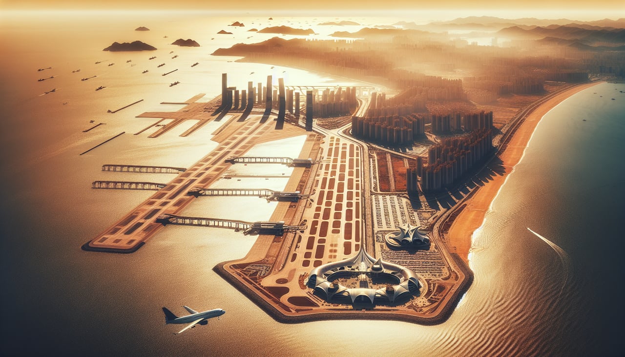 Left window seat view during landing at Qingdao (TAO), Jiaozhou Bay (water body directly below during approach), Qingdao urban sprawl and high-rises on the western peninsula, Yellow Sea horizon to the west, airport's parallel runways and taxiways becoming visible in final descent