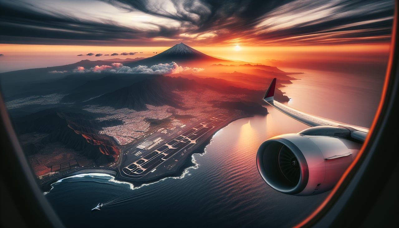 Left window seat view during landing at Tenerife (TFS) — Atlantic Ocean to the southeast, volcanic ridgelines of southern Tenerife, coastal cliffs near Punta de Teno region, Mount Teide visible as a distant peak on the horizon to the north