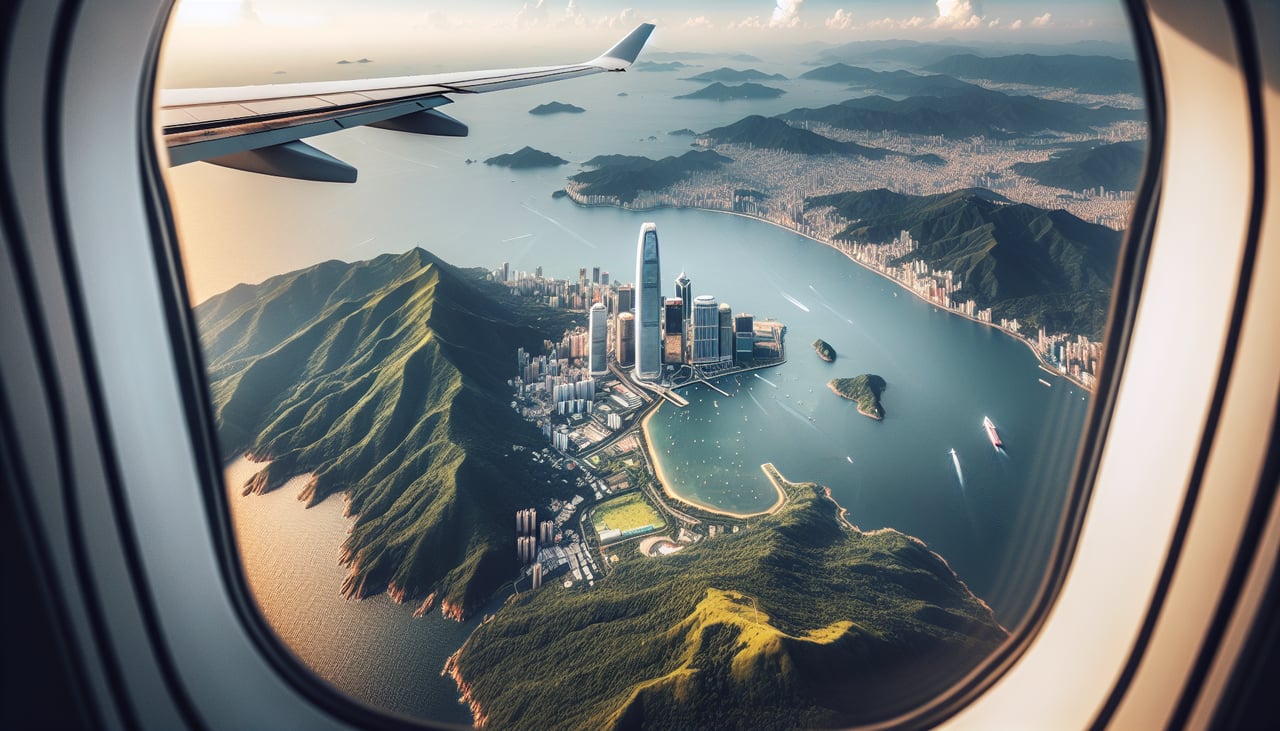 Aerial window seat view during takeoff from Taipei (right side) — Taiwan Strait, northern Taiwan coastline, Taipei metropolitan area, Keelung harbor