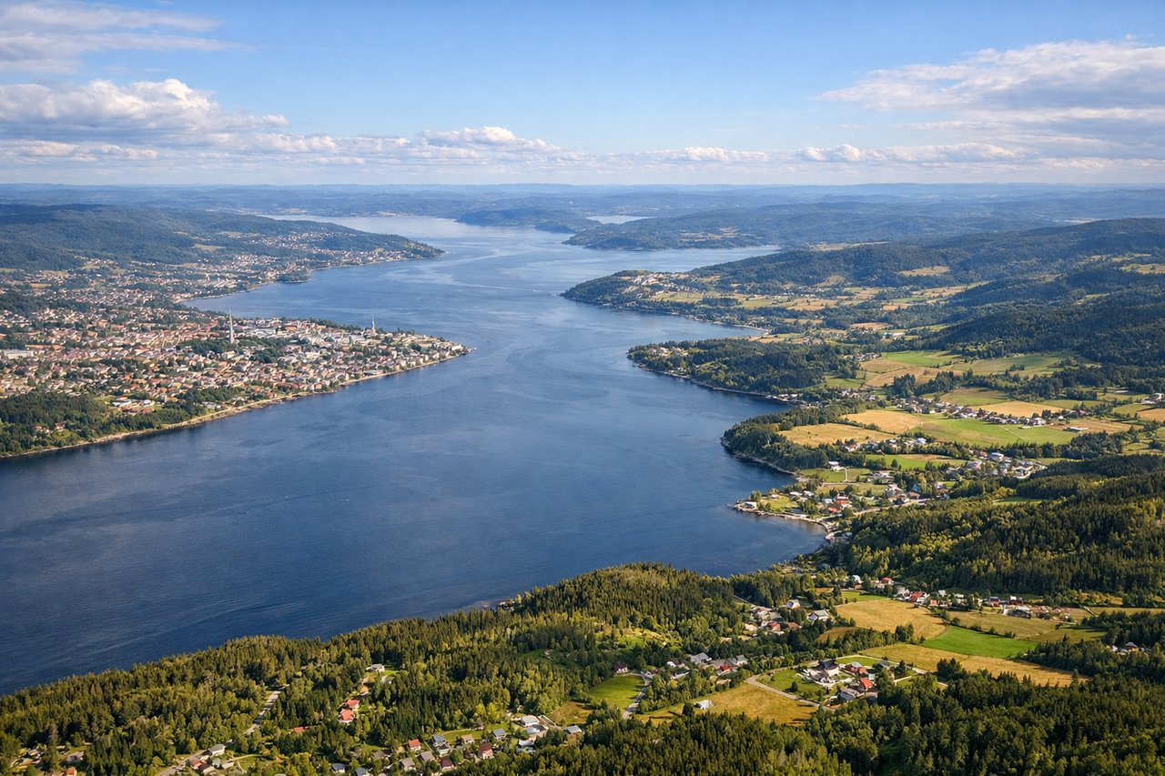 Right window seat view during landing at Trondheim (TRD), Trondheimsfjord (main water body), Nidaros Cathedral spire (visible in Trondheim city center on clear days), forested ridgelines east of the fjord, scattered islands and skerries in the fjord approaches