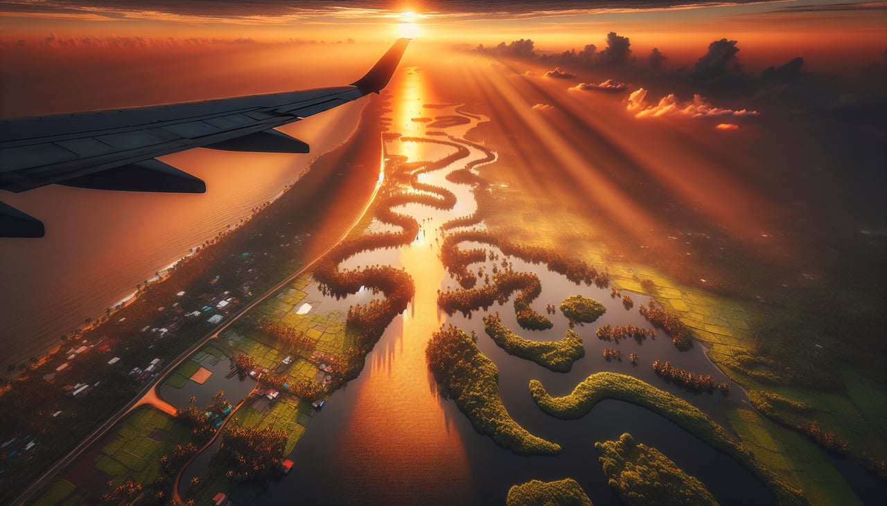 Left window seat view during landing at Trivandrum (TRV) — Arabian Sea (immediate approach path), Thiruvananthapuram backwaters and lagoon system, Padmanabhaswamy Temple area in the city, Western Ghats ridge on distant horizon to the east