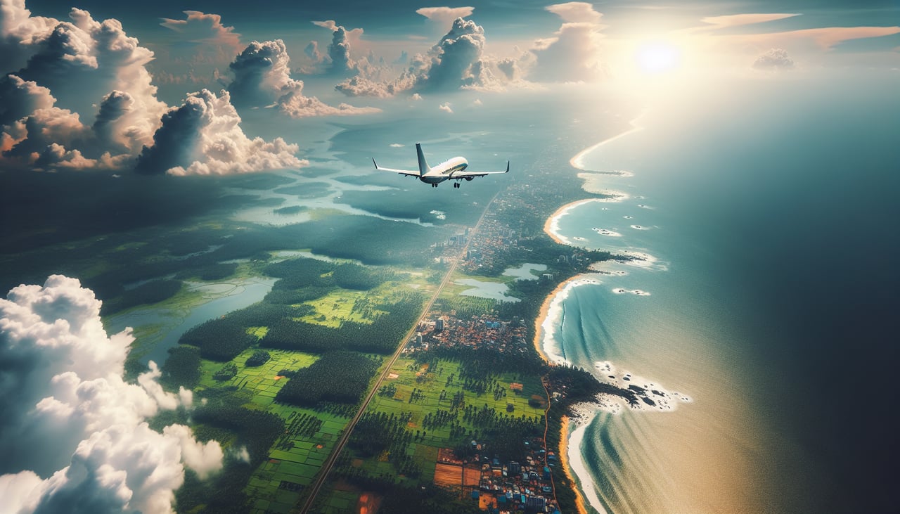 Left window seat view during takeoff from Trivandrum (TRV) — Veli Lake and lagoon system, Arabian Sea coastline, Thiruvananthapuram backwaters, fishing villages and palm-fringed waterways