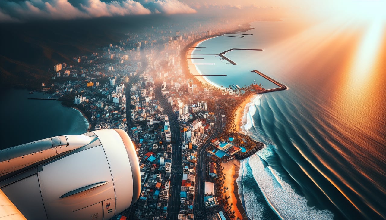Aerial window seat view during takeoff from Trivandrum (right side) — Arabian Sea coastline, Thiruvananthapuram city grid, Veli Lake and backwater systems, Padmanabhaswamy Temple area