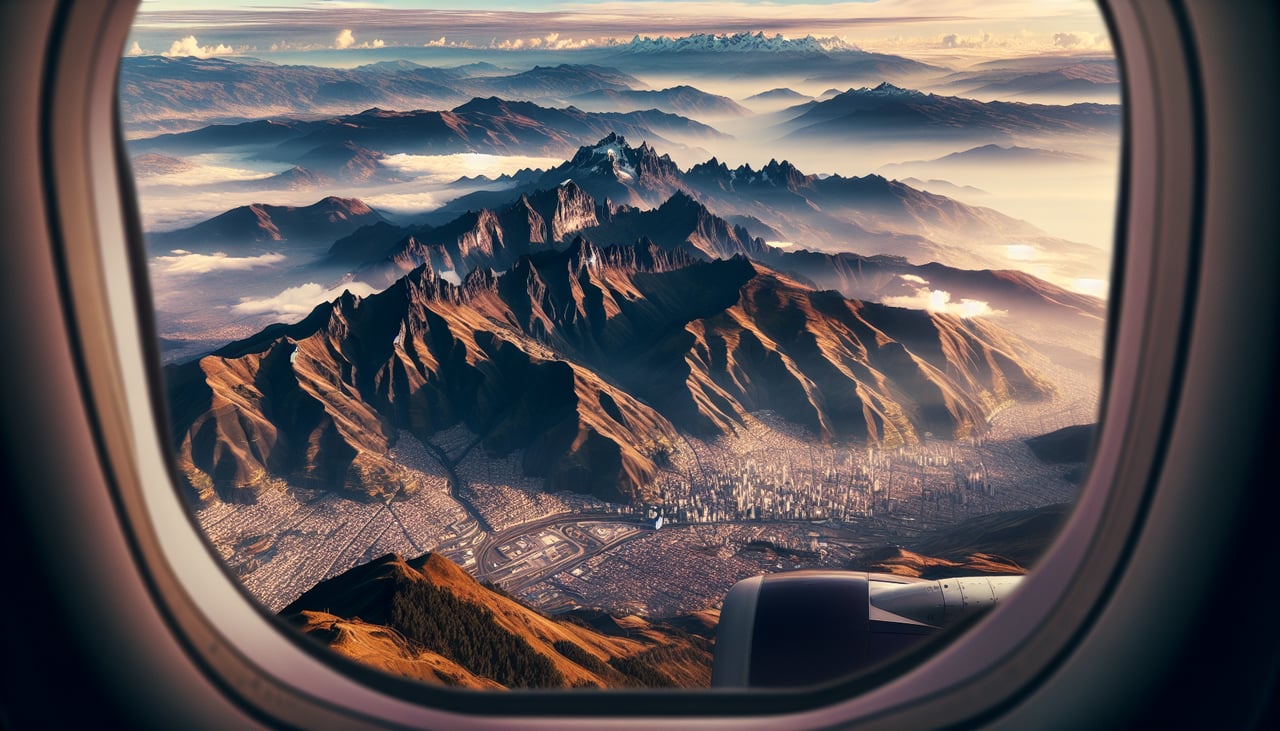 Aerial window seat view during landing at Quito (left side) — Pichincha volcano (left, snow-capped peak), Western Cordillera ridge line, Quito city sprawl in the inter-Andean valley, Cotopaxi volcano (distant, right horizon)