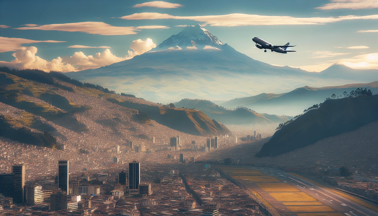 Aerial window seat view during takeoff from Quito (left side) — Pichincha volcano (active, snow-capped), Cotopaxi volcano (visible to the south on clear days), Quito's urban sprawl in the valley floor, Andes ridge line running north-south