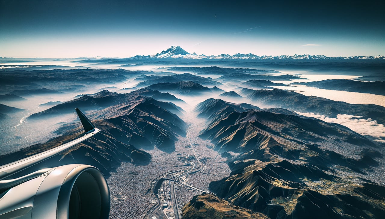 Aerial window seat view during takeoff from Quito (right side) — Volcán Cayambe (5,790m) to the northeast, the elongated urban strip of Quito in the inter-Andean valley, the eastern cordillera ridgeline, and the patchwork of agricultural terraces on the Andean slopes